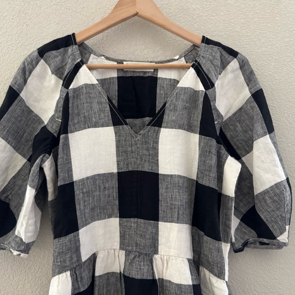 Everlane Linen Oversized Puff Sleeve Dress Bone Black Buffalo Plaid Preppy XS - Picture 9 of 15